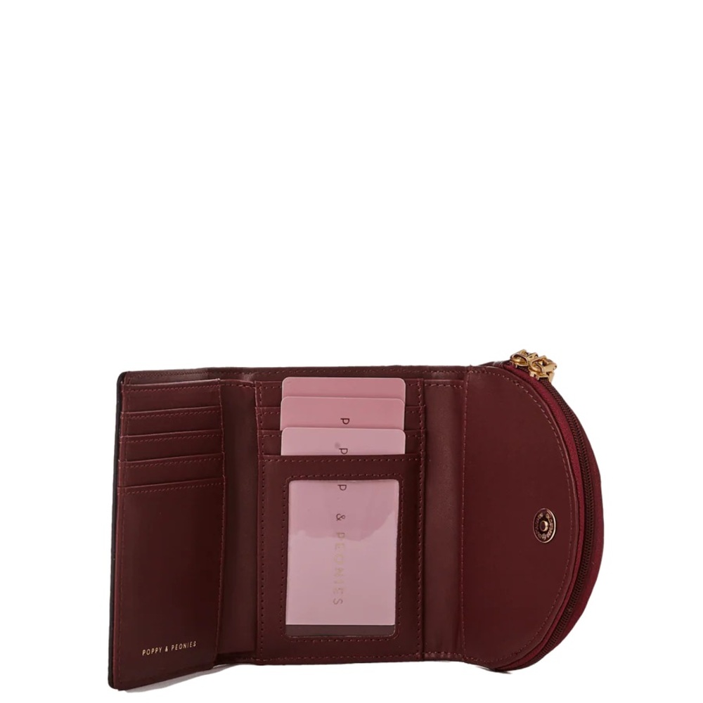 Poppy & Peonies Maroon Leather Fold Wallet with Gold Hardware - Picture 2 of 4